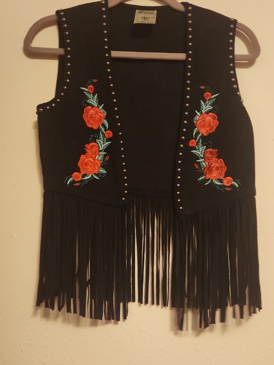 Vocal Jackets & Blazers - Vocal Black Fringe Vest with Red Rose Embroidery